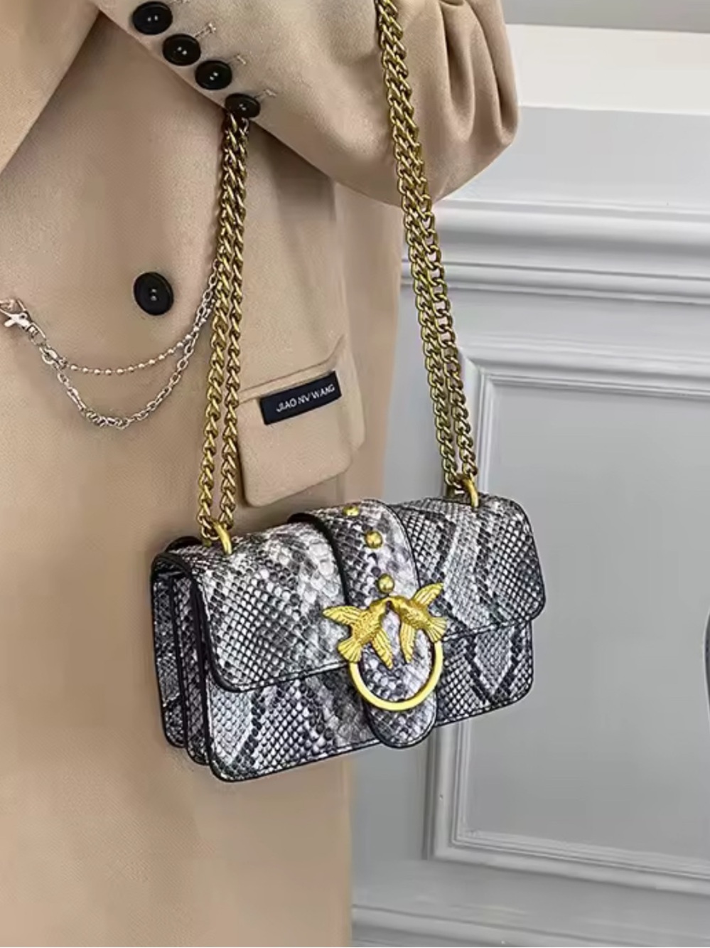 Nordstrom Gray Python-Print Crossbody with Gold Hardware - Picture 1 of 5
